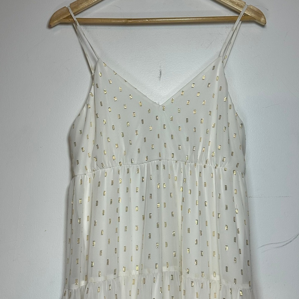 Express Tiered Maxi Dress Womens White Gold Metallic Foil‎ Clip Dot Boho Medium - Picture 3 of 14